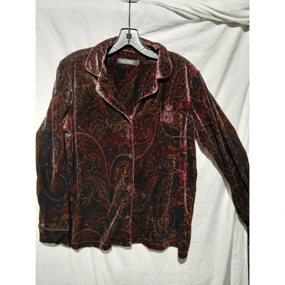 Lauren Ralph Lauren velvet paisley button-up pajama top LRL Embroidery logo Sz S - Picture 1 of 10